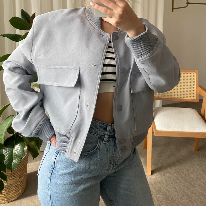 Women’s Casual Short Jacket with Big Pockets and Button-Up Stand Collar