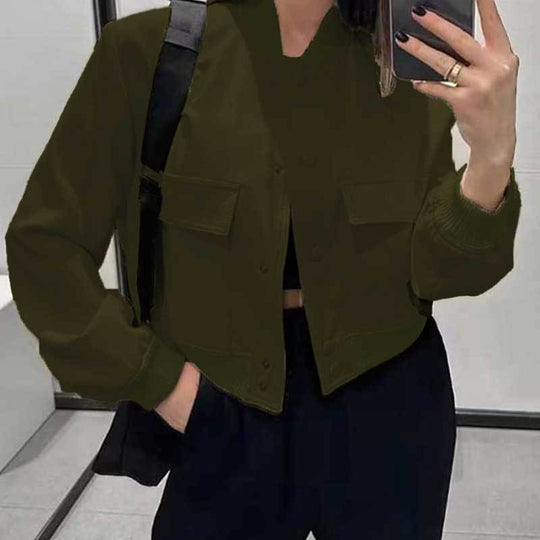 Women’s Casual Short Jacket with Big Pockets and Button-Up Stand Collar