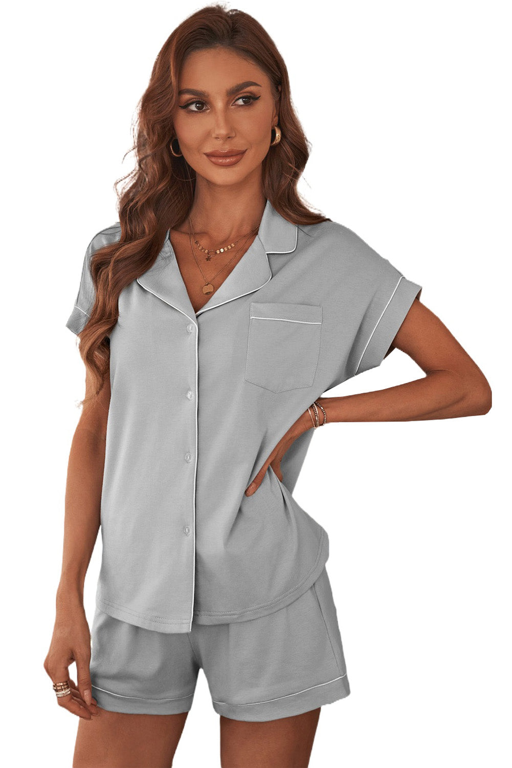 Gray Buttoned Short Sleeve Shirt and Shorts Pajamas Set