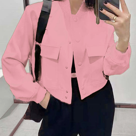 Women’s Casual Short Jacket with Big Pockets and Button-Up Stand Collar
