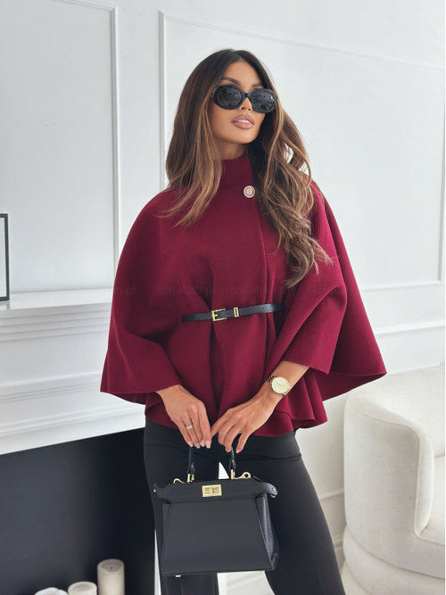 Women Solid Color Waist Tie Woolen Cape Coat