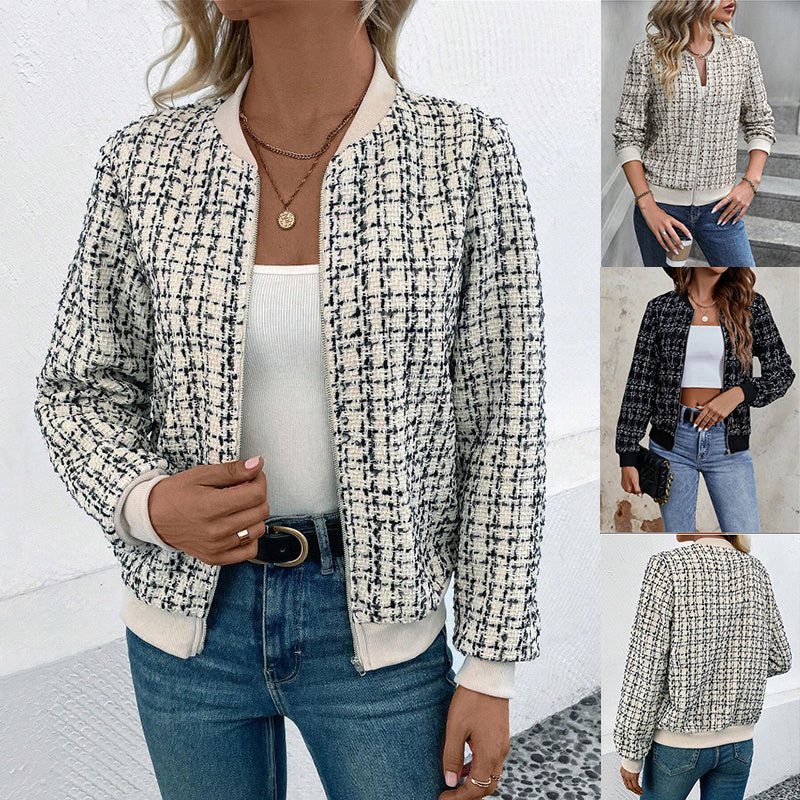 Fashion Plaid Zipper Short Jacket Autumn And Winter Casual Long Sleeve Baseball Clothing Women's Outwear Tops