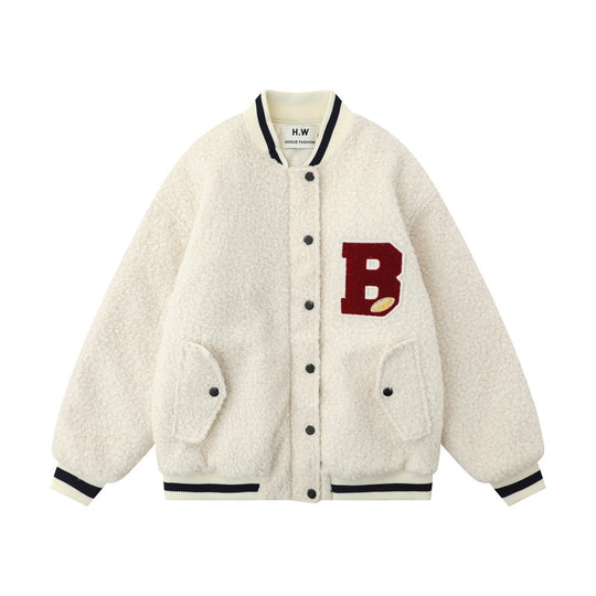 Men Lamb Wool Baseball Uniform Jacket