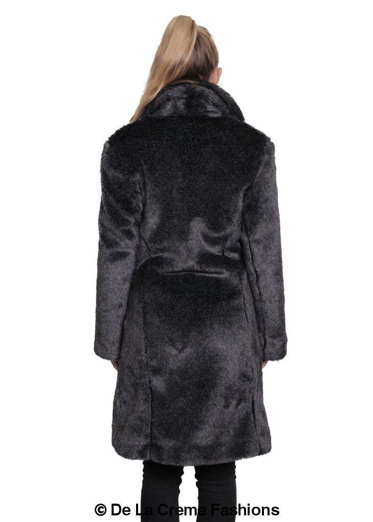 De La Creme - Womens Faux Fur Large Lapel Mid Length Coat