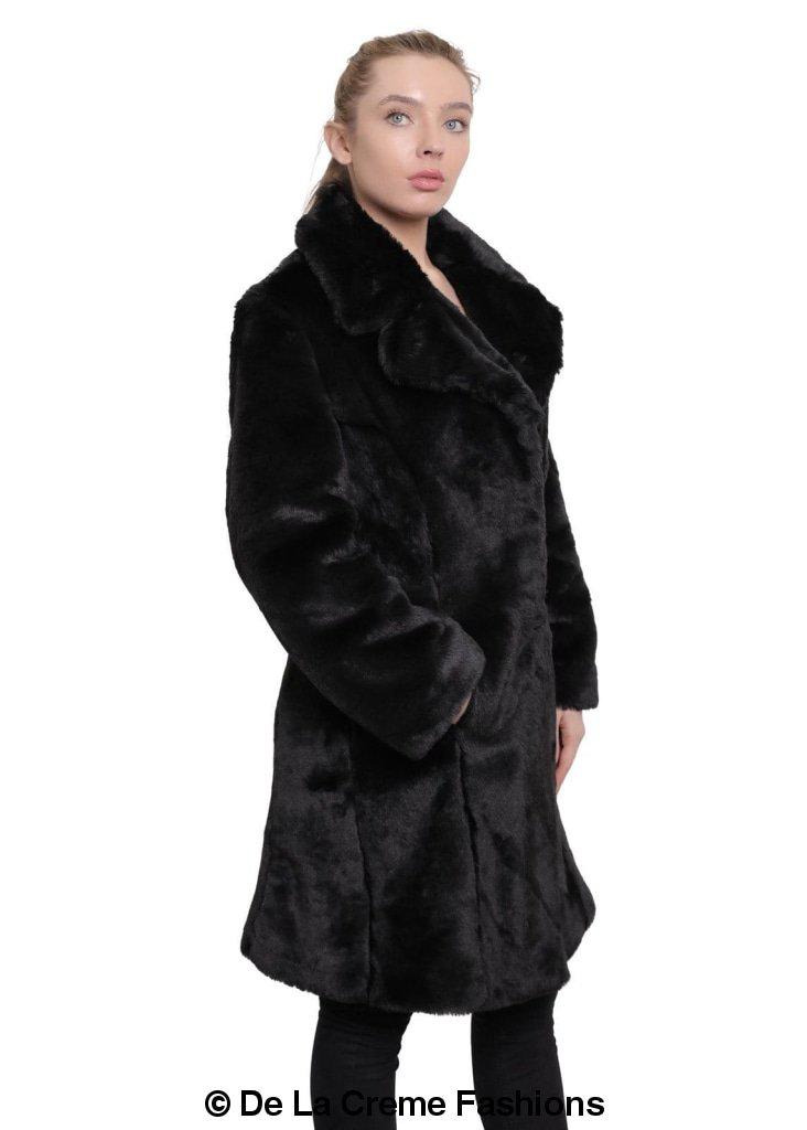 De La Creme - Womens Faux Fur Large Lapel Mid Length Coat