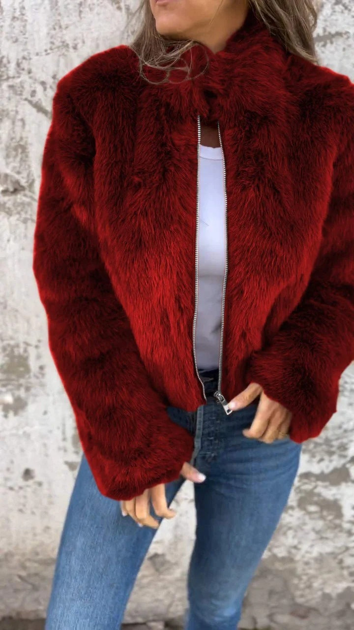 Fashion Stand Collar Plush Jacket Winter Casual Turtleneck Zipper Coat Fleece Tops Women's Clothing