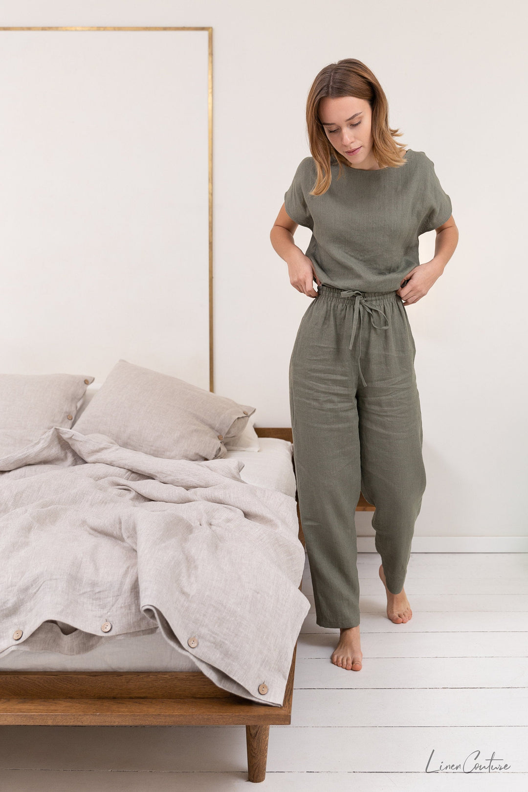 Safari green linen / Natural Linen Pajama set / Linen loungewear /